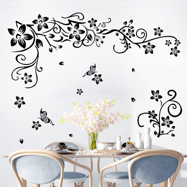 LiveGallery Removable Black Vinyl Flowers Wall Decals, DIY Flower Vines and Butterfly Stickers for Home Decor