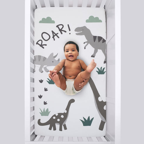 NoJo Baby-Saurus Nursery Fitted Crib Sheet - Roar White, Gray & Green Dinosaur Design