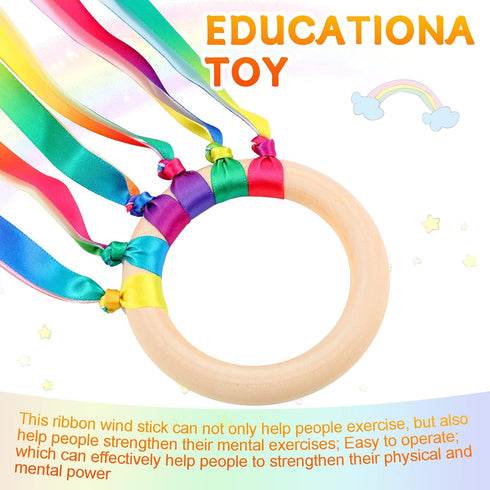 12 Pcs Rainbow Ribbon Wooden Waldorf Toys, Creative Hand Kite Set with Wood Ring for Educational Playroom Dancing.