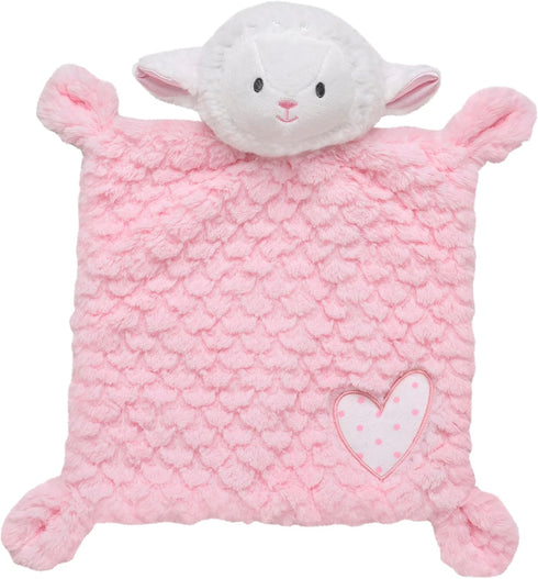 Plush Lamb 10 in. Snuggle Blanket with Embroidery and Knotted Corners for Baby (Pink Heart)