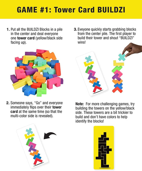 Tenzi BUILDZI and 99 More Ways to Play Bundle - Fast Stacking Block Building Game for 2 to 4 Players