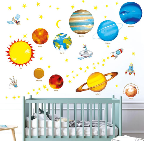 DECOWALL DS4-8007 Planets in The Space Kids Wall Stickers, Peel and Stick Removable Decals for Nursery & Bedroom Decor