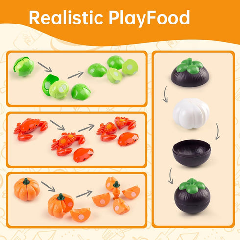 Zero Zoo 120Pcs Playset Mini Play Kitchen Accessories, Kids Pretend Cooking with Desserts, Cuttable Veggies & BBQ