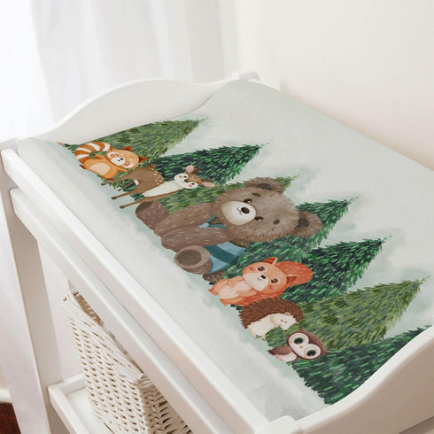 Woodland Animals Green Forest Changing Pad Covers, Soft Stretch Changing Table Mats 32''x16'' for Boys Girls Bear