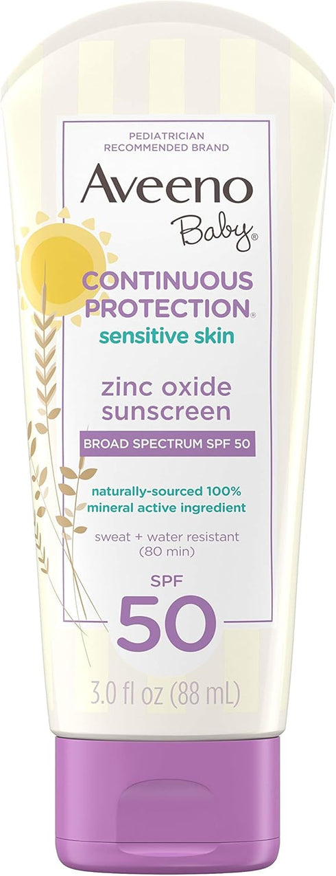 Aveeno Baby SPF 50 Continuous Protection Zinc Oxide Mineral Sunscreen Lotion, 3 fl. Oz, Travel-Size