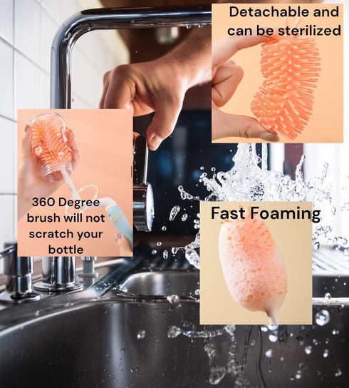 Silicone Baby Bottle Brush Set with Stand, 360° Rotating Cleaning Brush, 4-Piece Multipurpose Silicone Baby Bottle and