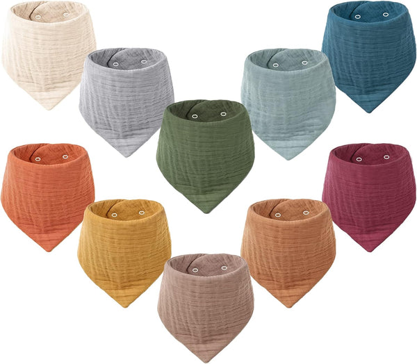 Konssy Muslin Baby Bibs, 10 Pack Bandana Drool Bibs, 100% Cotton for Unisex Boys and Girls