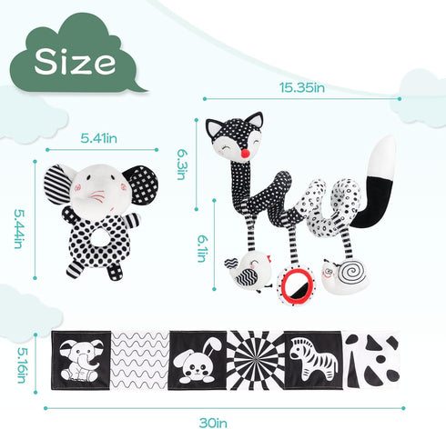 3 Pcs Car Seat Toys for Babies 0-6 Months, Black and White Hanging Rattle Toys for Crib Mobile, Infant Sensory