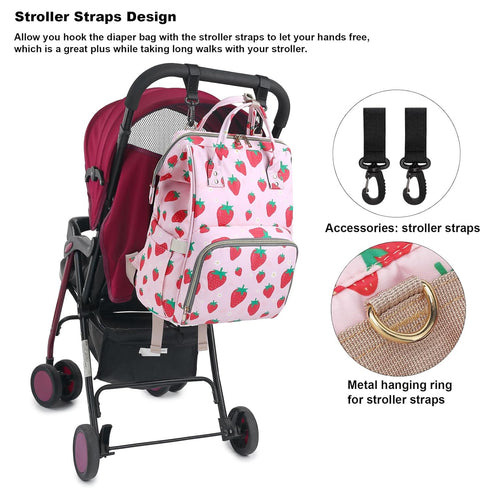 Yusudan Backpack Strawberry Diaper Bag for Baby Girls, Mom Waterproof Large Nappy Bags for Women