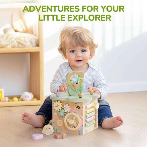 7 1+ ROBUD Wooden Activity Cube, Educational Wooden Toys with Functional Areas, Montessori Toys for Year Old Boys