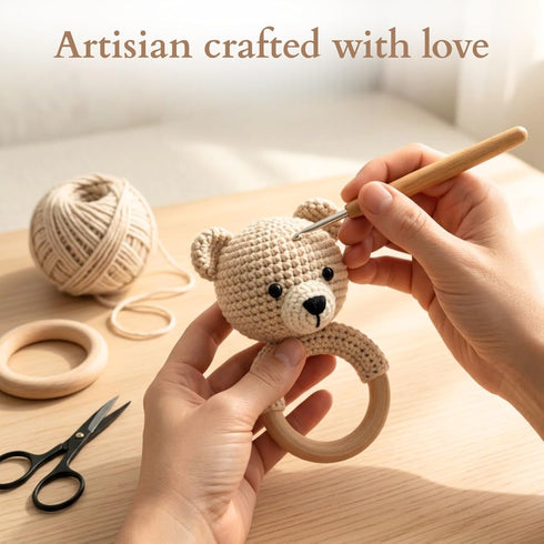 Generic Set 0-12 Organic Crochet Bear Baby Rattle Toy - Handmade Newborn Gift with Teether & Pacifier Holder - BPA-Free