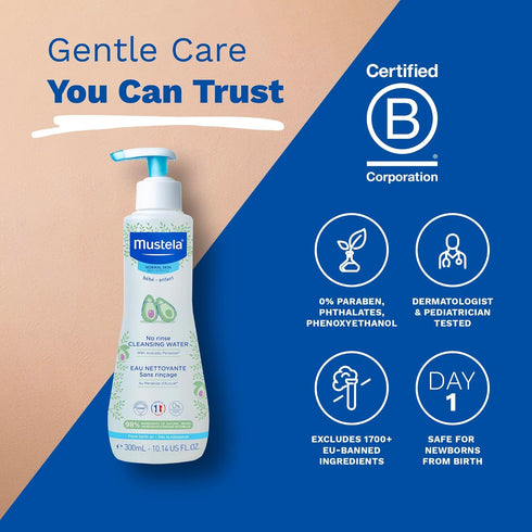 Mustela Baby Cleansing Water, No-Rinse Micellar Water with Natural Avocado & Aloe Vera for Baby's Face, Body & Diaper