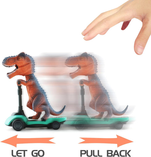 DINOBROS Dinosaur Scooter Toys - Pull Back Cars Mini Finger Kick Scooters, Dino Gift Sets for Kids 4-Pack