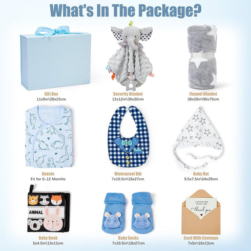 9pcs Golray Baby Shower Gifts for Boys Newborn Kit, Blanket/Elephant Soothe/Fabric Book/Bodysuit/Bib/Sock/Hat/Greeting