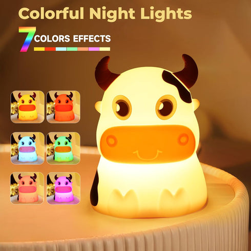 AVEKI Night Light for Kids, Portable Tap Control Rechargeable Color Changing Lamp, Remote Control Cute Cow Night Lamp