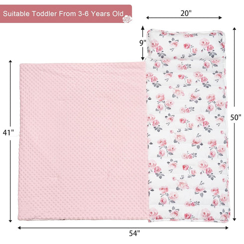 PHF Toddler Nap Mat, Floral Rollup Design with Removable Pillow & Minky Fleece Blanket, 50"x20"x2" for Kids