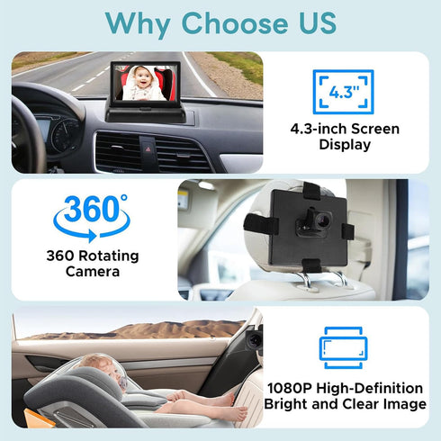 TIKATARER 43 Inch 1920x1080 140 Baby Car Camera, Foldable Screen HD Degree Wide Angle Real Time View Monitor for Most