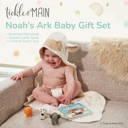 Set 0-12 5-Piece, 3 Set Tickle & Main Noah's Ark Baptism Gifts for Boys Gift - Months, Multicolor - Hooded Lamb Towel