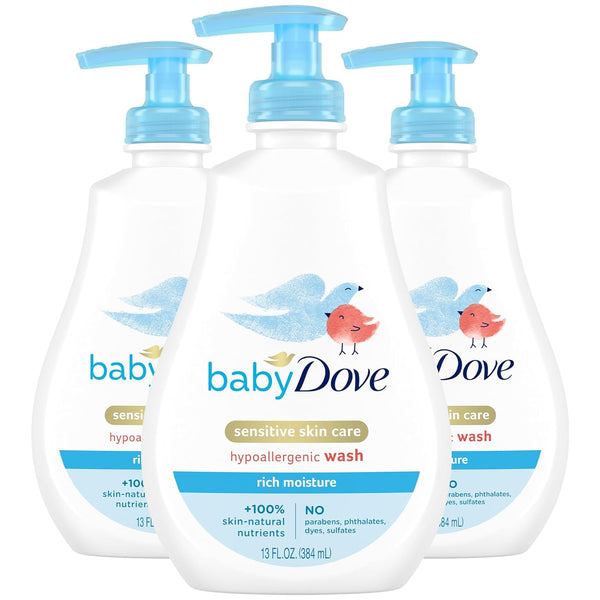 Baby Dove Body Wash, Rich Moisture 3-Pack Hypoallergenic Wash for Sensitive Skin,