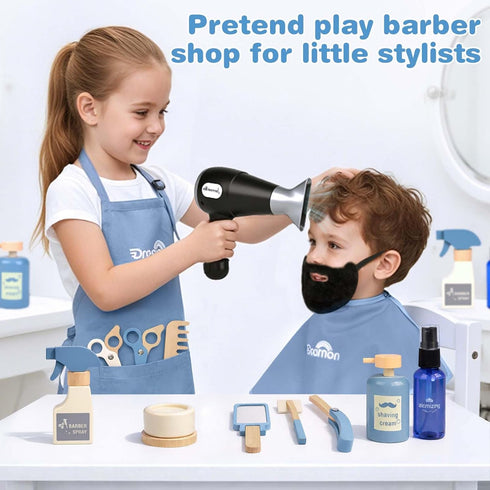 Set, Barber Shop Pretend Play Kids Shaving Kit Wooden Hair Salon Toys for Boys with Wearable Beard, Electric Shaver