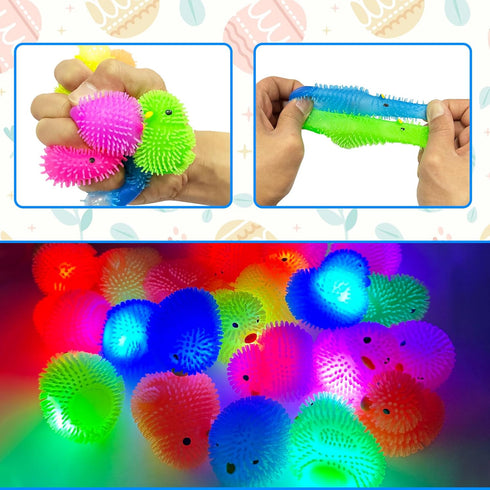 24 Pack AMENON Prefilled Easter Egg with Toys Fillers , Light Up Chick Duck Puffer Balls Easter Basket Stuffers Squeeze
