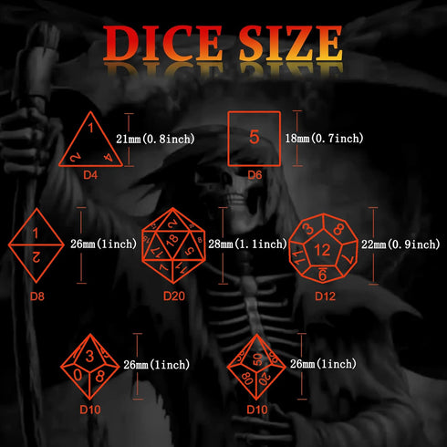 Set,7-Piece 3D Hollow Grim Reaper Metal DND Dice Polyhedral RPG Dice, Hollow Skeleton Design (Blood Red Numbers)