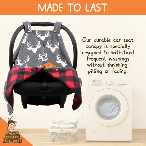 Dear Baby Gear Car Seat Canopy - Baby Carrier Cover - Infant Car Seat Cover - White Antlers, Plaid Red & Black