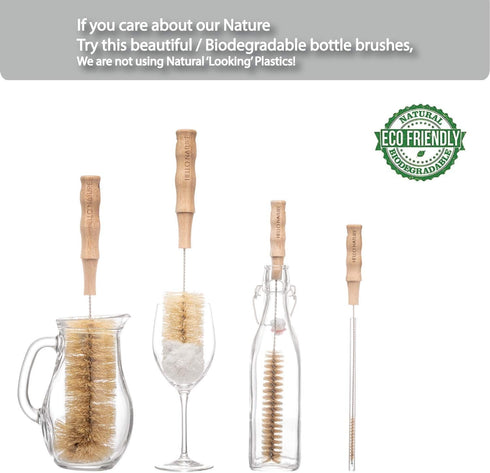 Hello Nature 4 Set Pcs Bamboo Bottle Brush by Long Handle Cleaning Brushes for Water Bottles, Baby Bottles & Glassware