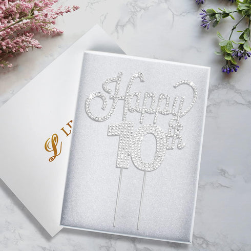 LINGTEER Happy 10th Birthday Silver Rhinestone Cake Topper - Cheers to 10th Birthday Party Decorations