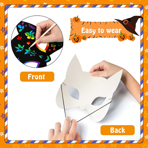 MGparty Halloween Crafts, 24PCS Rainbow Scratch Mask Magic Scratch Paper Art for Kids Birthday Classroom Decoration