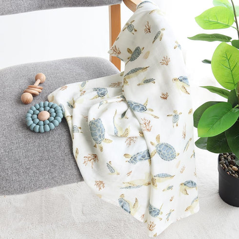 LifeTree Baby Swaddle Blanket, 70% Viscose from Bamboo and 30% Cotton Muslin, Boys Girls, Large 47" x 47" Sea Turtle