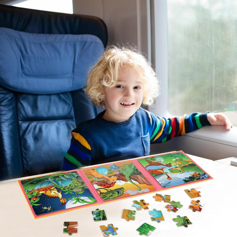 Magnetic Puzzles for Kids Ages 4-6, 20-Piece Travel Dinosaur Toddler Puzzles, Educational Learning Magnets for Road
