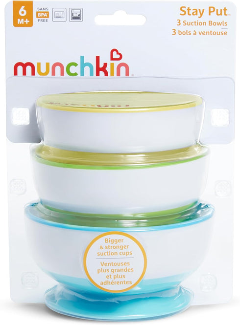 Munchkin Stay Put Suction Bowls for Babies and Toddlers, 3 Pack - Blue/Green/Yellow