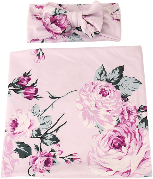 Set Galabloomer Receiving Blanket Headband Flower Print Baby Swaddle Receiving Blankets (purple rose)