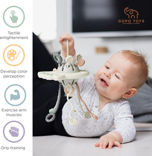 GOPO TOYS Montessori Toys for 18+ Months, Baby Sensory Silicone Pull String Activity Toy, Educational Gifts for Kids