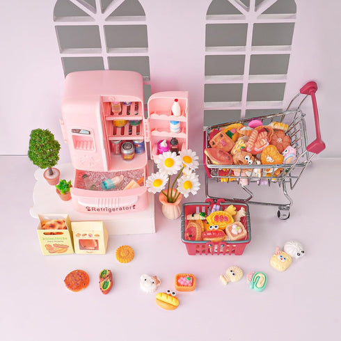 180 Pcs Dollhouse Miniature Kitchen Accessories Shopping Cart Basket Mini Food Drinks Dollhouse Store Grocery