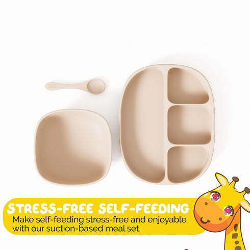 Baby Feeding Set by Muqee Peeko - Baby Feeding Essentials in Baby Apricot Color with Suction Plates for Toddlers,
