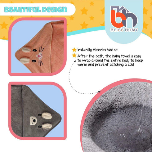 BLISS HOMY 2 pack Hooded Bath Towel for Toddlers Soft & Absorbent Kids Towel Large Hooded Baby Towel for Boys & Girls