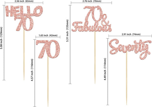 Gyufise 24Pcs Rose Gold Glitter 70th Birthday Cupcake Toppers, Hello 70 Seventy Cake Picks for Birthday Decorations