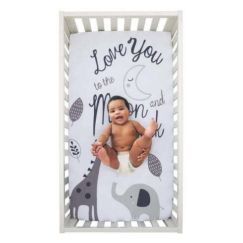NoJo Love You to The Moon - 100% Cotton Grey and White Elephant and Giraffe Nursery Photo Op Fitted Crib Sheet Love You to The Moon and Back by NoJo
