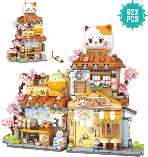 Set,Openable 923PCS 8+ Lucky Cat Building Taiyaki Shop Mini Brick Building Toy for Boys Girls Age
