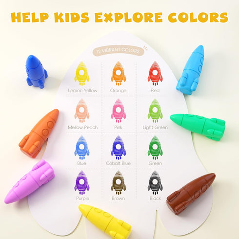 12 JUPITEARTH Colors Crayons for Toddlers, Non-Toxic Washable Rocket Crayons, Easy-to-Hold Coloring Gifts & Mess-Free