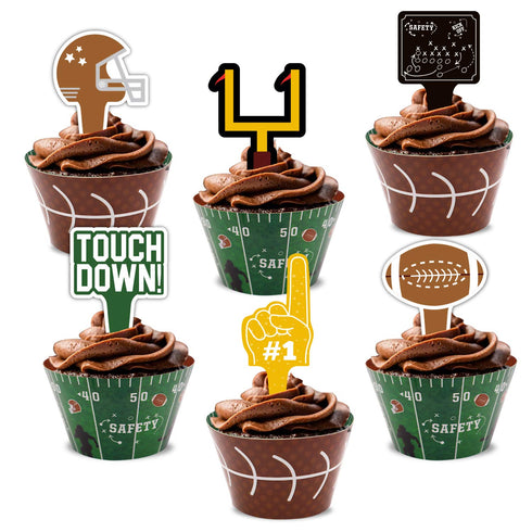 24 Packs Football Cupcake Toppers and Wrappers for Birthday Sports Game Day Sunday Party Decoration Supplies