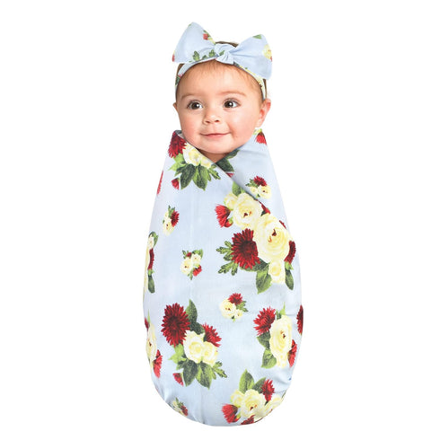 Touched by Nature Unisex Organic Cotton Swaddle Blanket and Headband in Rose Mum, One Size