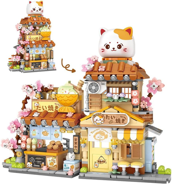 Lucky Cat Building Set,Openable Taiyaki Shop 923PCS Mini Brick Building Toy for
