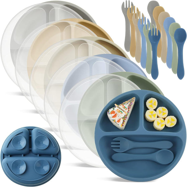 Meanplan 6 Pack Suction Plates for Toddlers with Lids Silicone Baby Plates