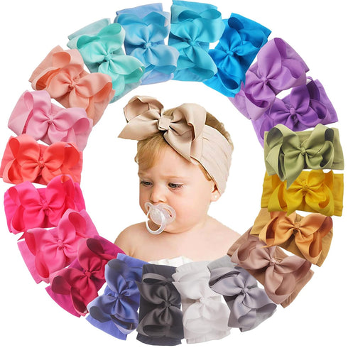 Yxiang 20pcs Baby Headbands with 6" Big Elastics, Nylon Ribbon Bows Hair Accessories for Newborns
