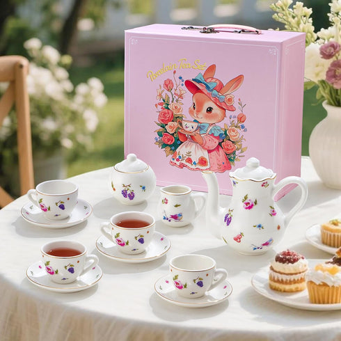 Set 3-8, Set TUZT Tea Party for Little Girls Ages White Floral Porcelain Tea with Gold Trim Edges, Princess Tea Time