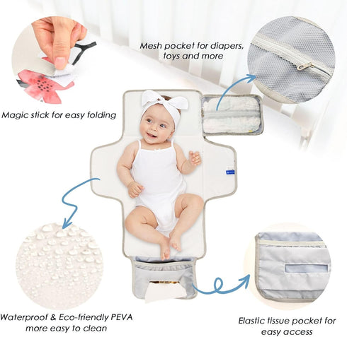 QwThum Portable Diaper Changing Pad Waterproof Foldable Travel Changing Mat with Built-in Pillow for Newborn Girls Boys