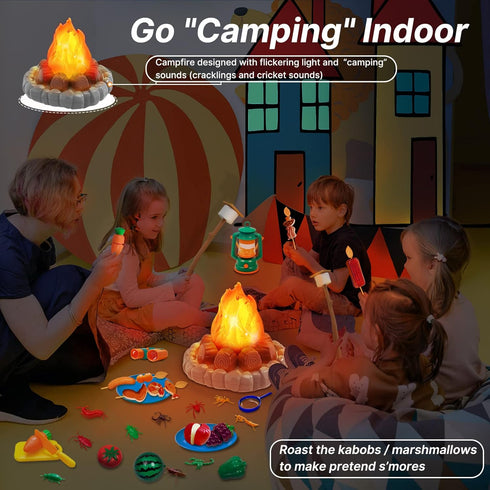 Set 3-5 MITCIEN Camping Toys for Kids, Pretend Campfire, Lantern, Safari Hat, Binoculars, Bottle, Toy Food, S'Mores